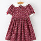Burgundy Floral Smocked Girls Dress Peter Pan Collar Lace Trim