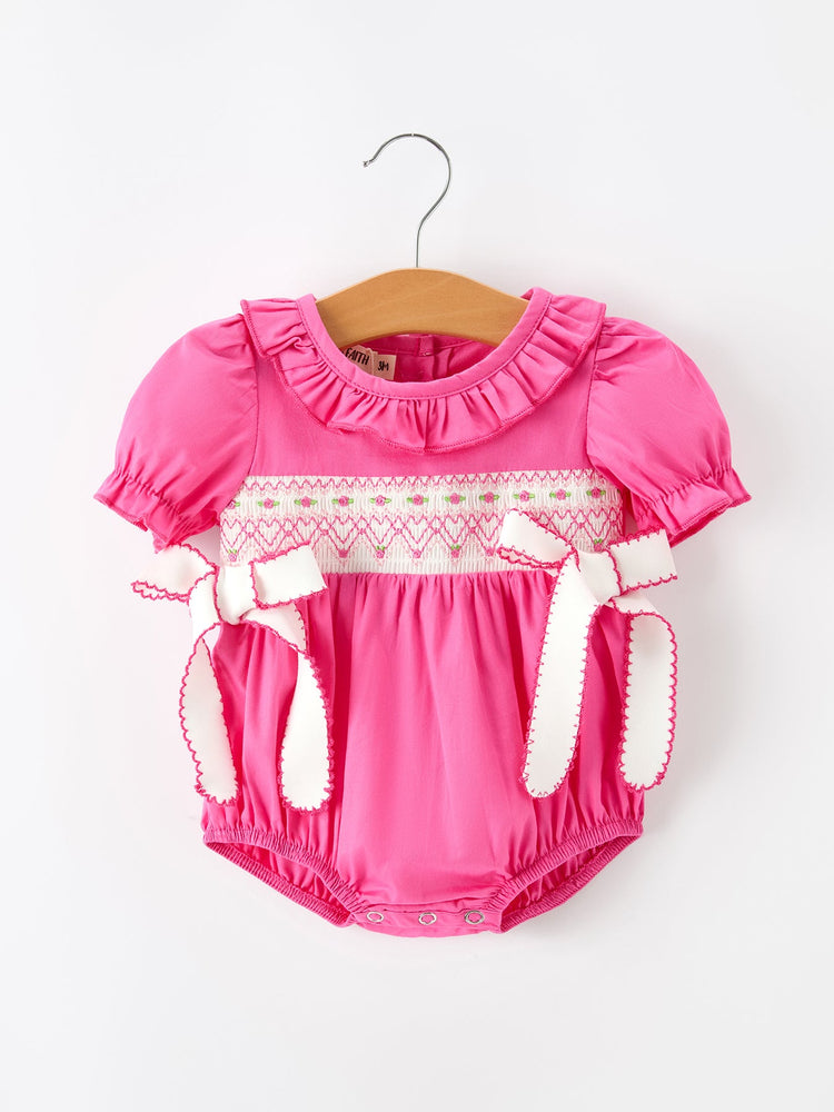 Fall Baby Girl Hot Pink Ruffle Smocked Embroidery Romper