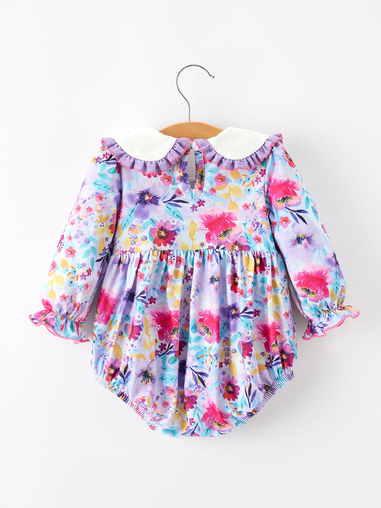 Fall Purple Floral Baby Girls Bubble Romper