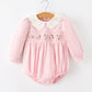 Fall Pink Smocked Baby Girl Bubble Romper Peter Pan Collar Floral Detail