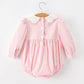 Fall Pink Smocked Baby Girl Bubble Romper Peter Pan Collar Floral Detail