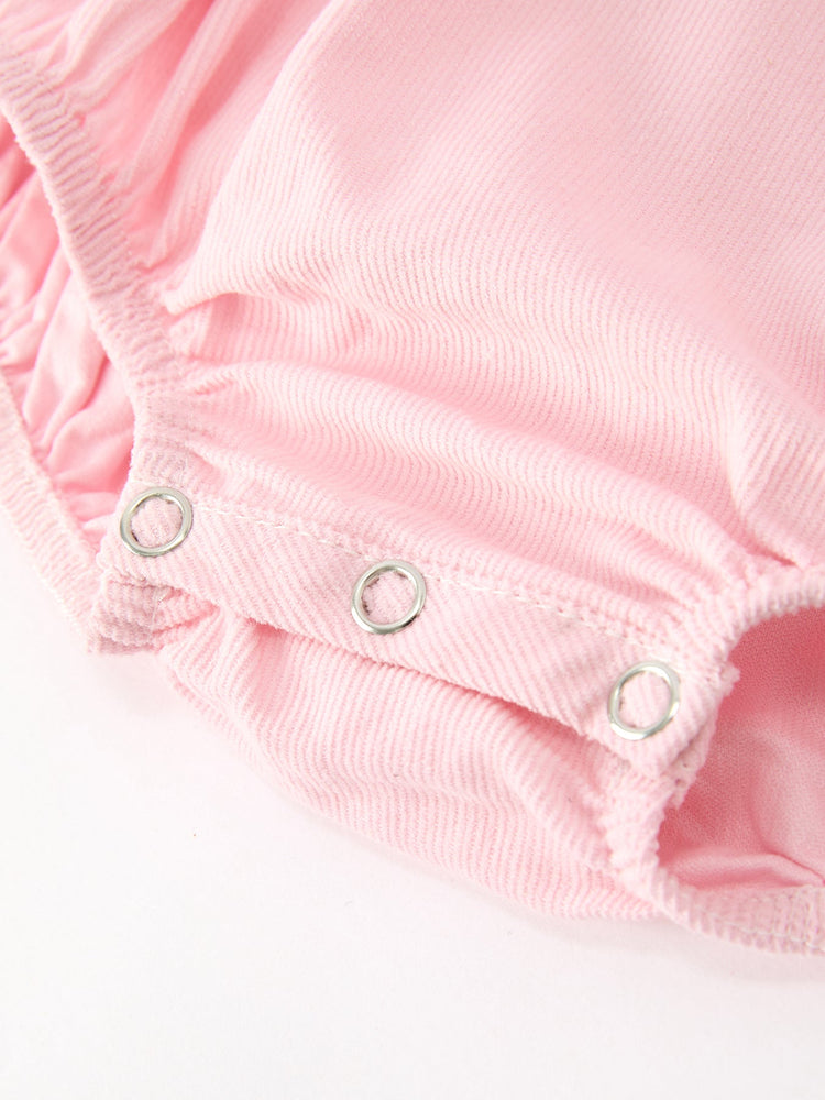 Fall Pink Smocked Baby Girl Bubble Romper Peter Pan Collar Floral Detail