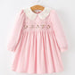Fall Pink Smocked Girls Dress Peter Pan Collar Long Sleeve Floral Detail