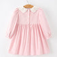 Fall Pink Smocked Girls Dress Peter Pan Collar Long Sleeve Floral Detail