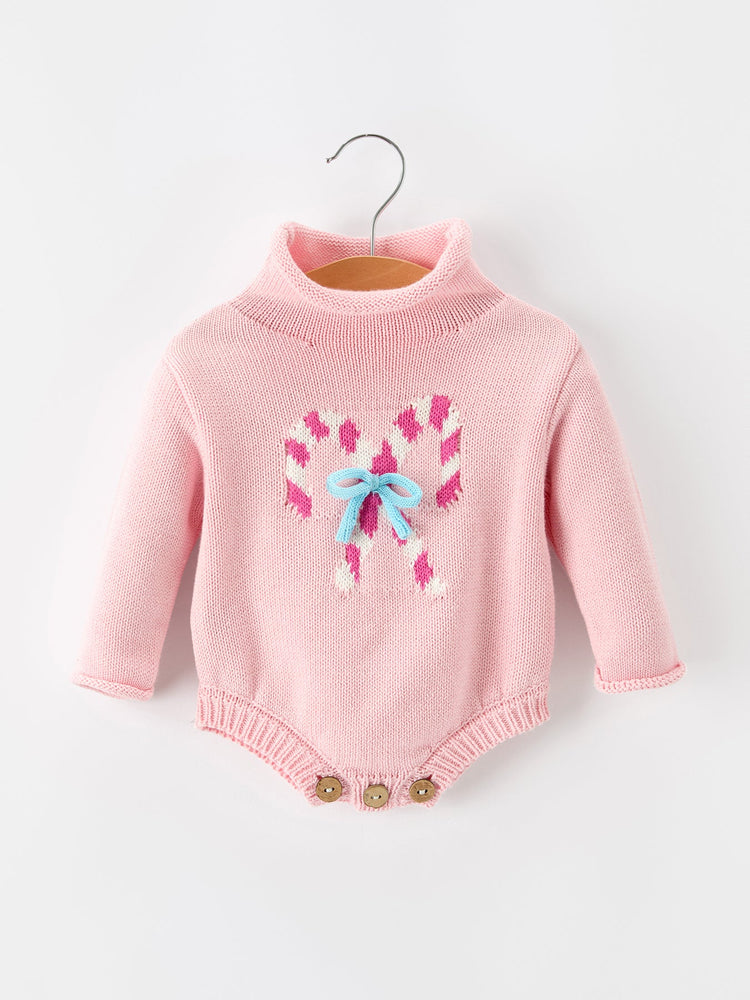 Christmas Candy Cane Bow Knit Baby Girls Romper
