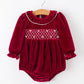 Christmas Velvet Smocked Baby Bubble Romper with Pearl Detail