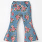Girls Floral Denim Bell Bottom Pants Rose Print Flare Jeans