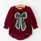 Baby Girls Christmas Burgundy Velvet Plaid Bow Romper