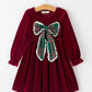 Girls Christmas Burgundy Velvet Plaid Bow Dress
