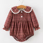 Baby Girls Brown Plaid Floral Lace Collar Romper
