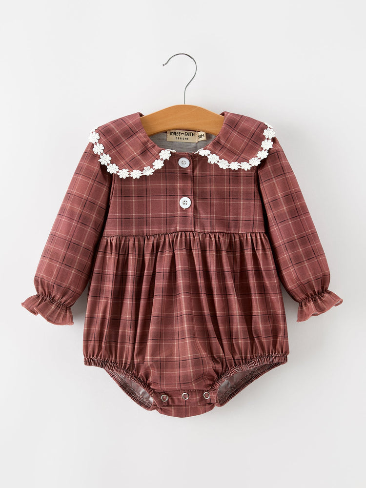 Baby Girls Brown Plaid Floral Lace Collar Romper