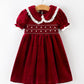 Christmas Burgundy Velvet Girls Smocked Pearl Lace Collar Dress