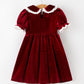 Christmas Burgundy Velvet Girls Smocked Pearl Lace Collar Dress