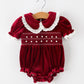 Christmas Burgundy Velvet Baby Girl Smocked Pearl Romper