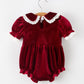 Christmas Burgundy Velvet Baby Girl Smocked Pearl Romper