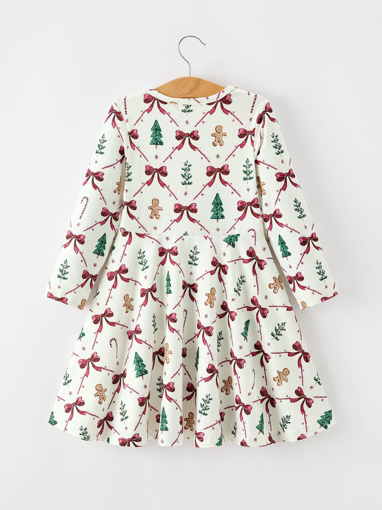 Christmas Bow and Gingerbread Print Girls Twirl Dress