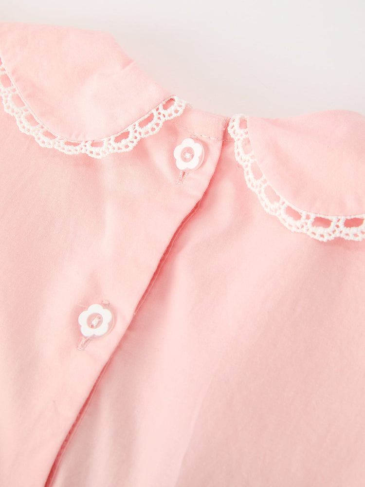 Fall Girls Pink Floral Embroidered Smocked Peter Pan Collar Dress