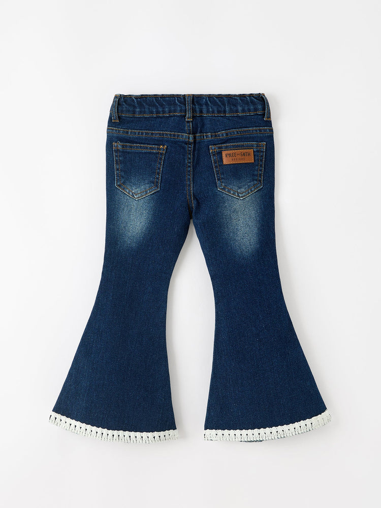 FALL Girls Floral Appliqué Denim Bell Bottom Jeans