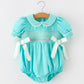FALL Girls Aqua Smocked Floral Bow Bubble Romper