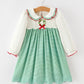Girls Christmas Green Plaid Embroidered Long Sleeve Dress