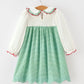 Girls Christmas Green Plaid Embroidered Long Sleeve Dress
