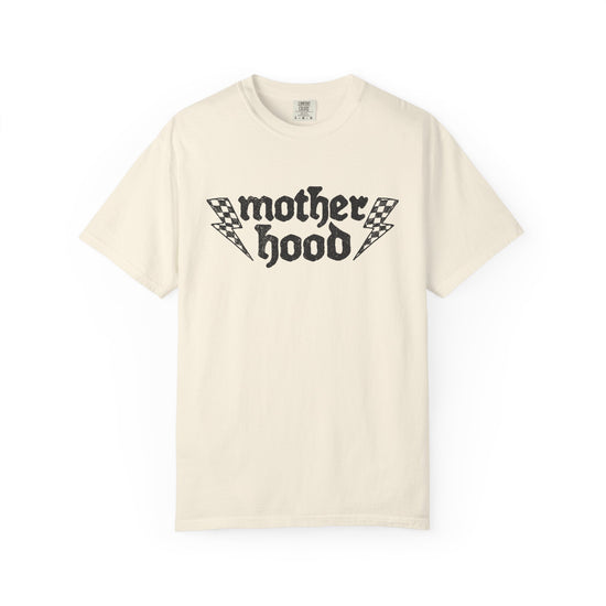 Motherhood graphic T-shirt with checkerboard lightning design