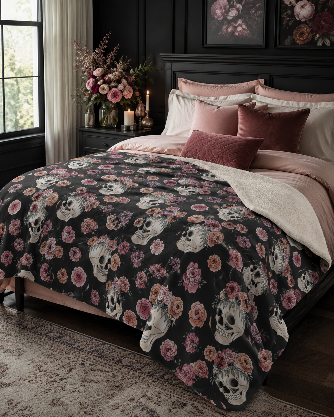 Floral Skull Pattern Sherpa Blanket | Rose Skull Fleece Throw