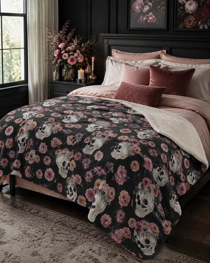 Floral Skull Pattern Sherpa Blanket | Rose Skull Fleece Throw