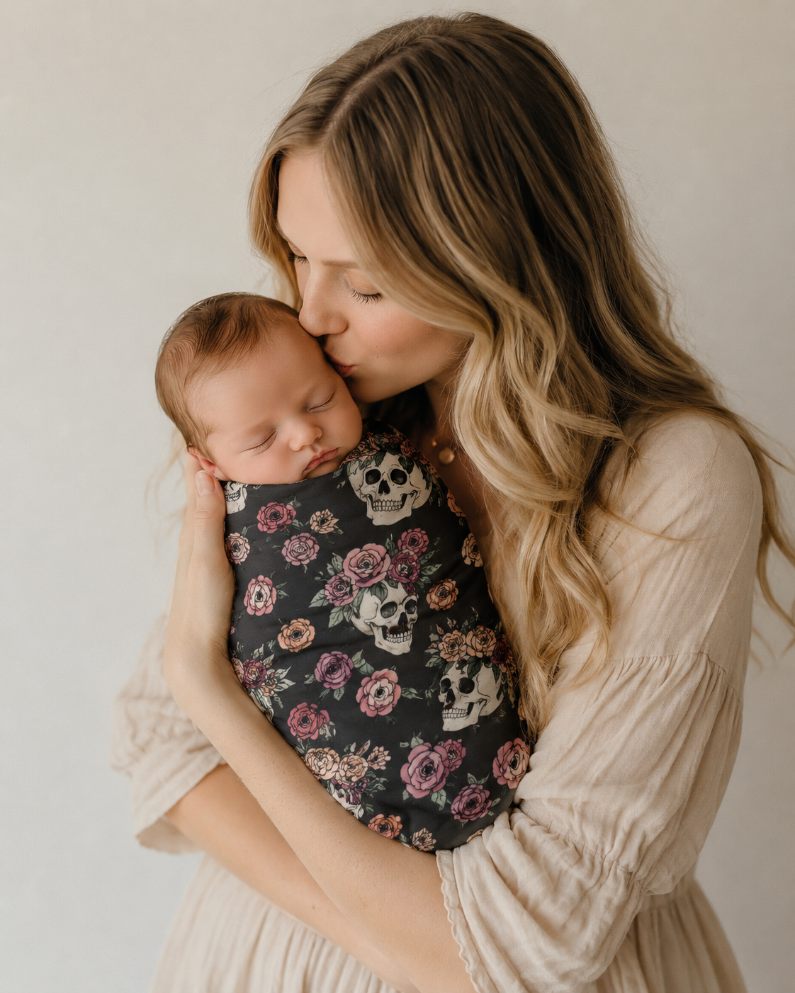 Floral Skull Baby Swaddle Blanket | Dark Rose Newborn Blanket