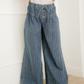 Cora Blue Stripe Button Pleated Drawstring Waist Casual Wide Leg Jeans