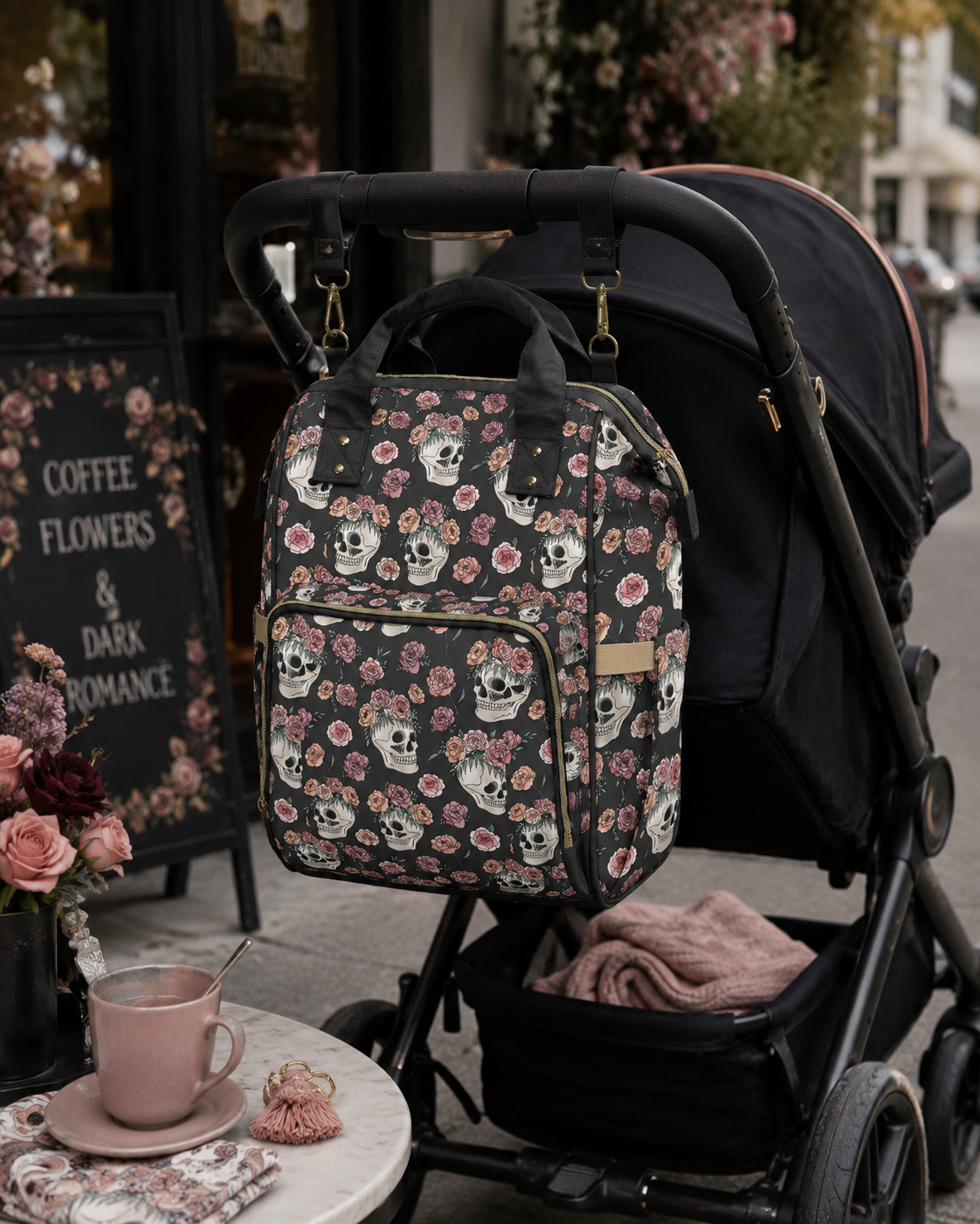 Floral Skull Diaper Backpack | Dark Rose Baby Bag