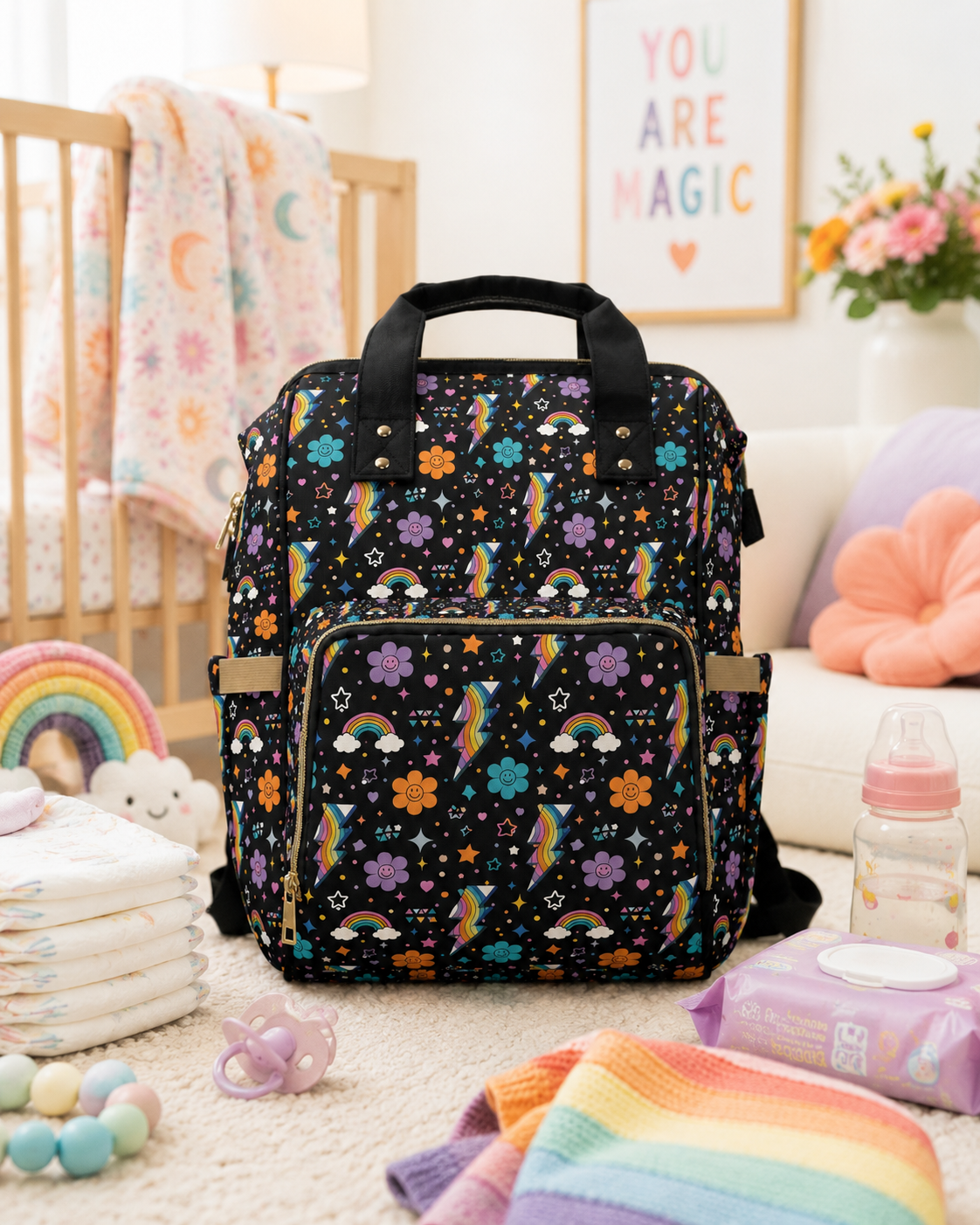 Rainbow Lightning Diaper Backpack | Mayhem Society Baby Bag