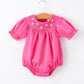 Girls Bow Smocking Embroidery Hot Pink Romper