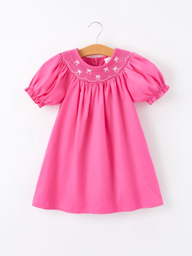 Girls Bow Smocking Embroidery Hot Pink Dress