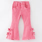 Girls Pink Bow Flared Elastic Denim Pants