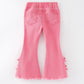 Girls Pink Bow Flared Elastic Denim Pants