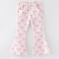 Fall Girls Pink Bow Print Elastic Flared Jeans Denim pant