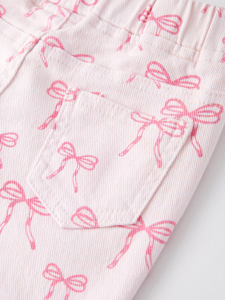 Fall Girls Pink Bow Print Elastic Flared Jeans Denim pant