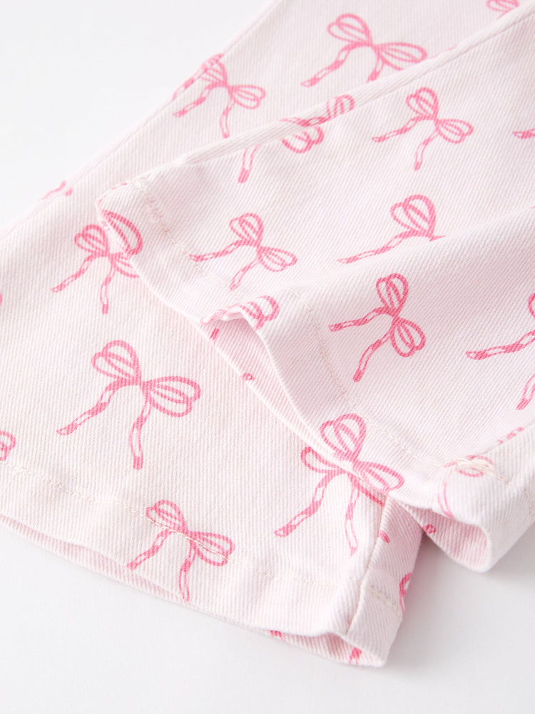 Fall Girls Pink Bow Print Elastic Flared Jeans Denim pant