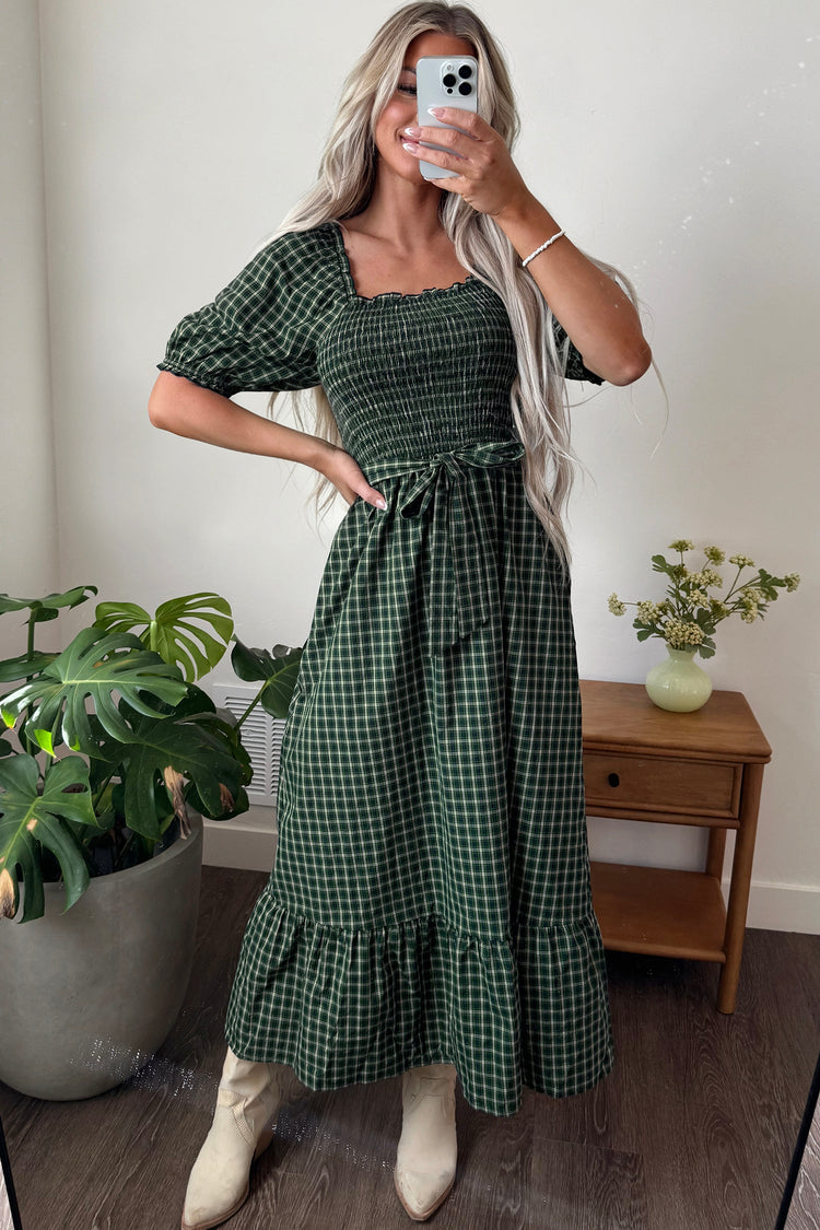Daisy Plaid Shirred Ruffle-Hem Dress