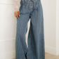 Cora Blue Stripe Button Pleated Drawstring Waist Casual Wide Leg Jeans
