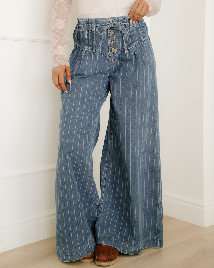 Cora Blue Stripe Button Pleated Drawstring Waist Casual Wide Leg Jeans