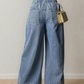 Cora Blue Stripe Button Pleated Drawstring Waist Casual Wide Leg Jeans
