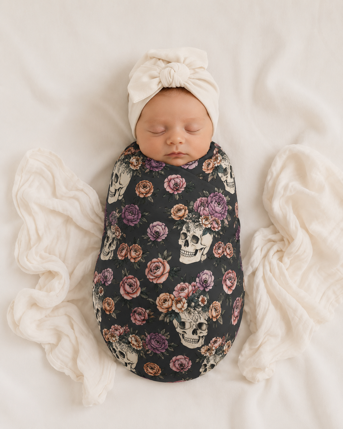 Floral Skull Baby Swaddle Blanket | Dark Rose Newborn Blanket