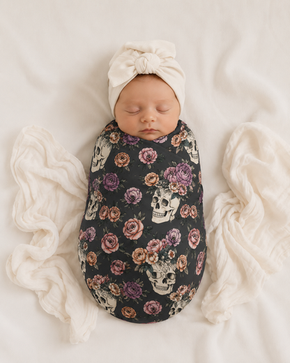 Floral Skull Baby Swaddle Blanket | Dark Rose Newborn Blanket