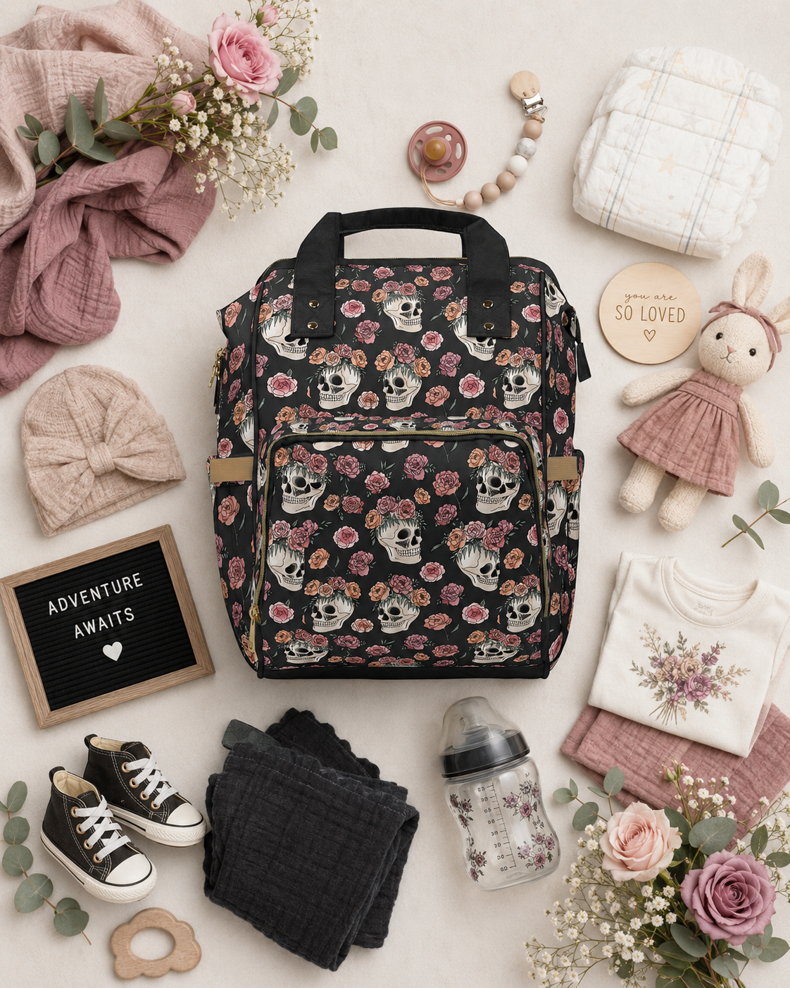 Floral Skull Diaper Backpack | Dark Rose Baby Bag