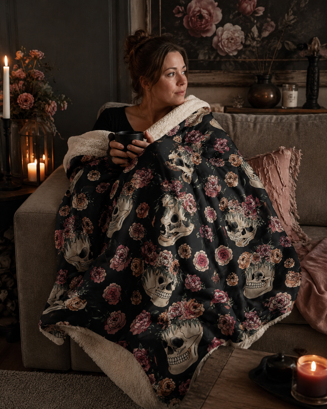 Floral Skull Pattern Sherpa Blanket | Rose Skull Fleece Throw