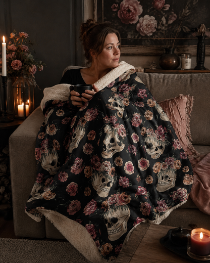 Floral Skull Pattern Sherpa Blanket | Rose Skull Fleece Throw