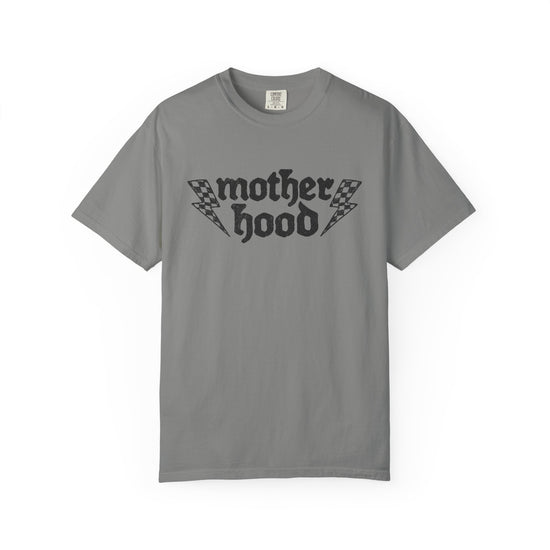 Motherhood graphic T-shirt with checkerboard lightning design