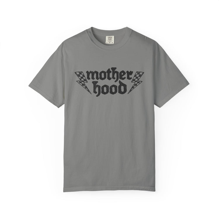 Motherhood graphic T-shirt with checkerboard lightning design